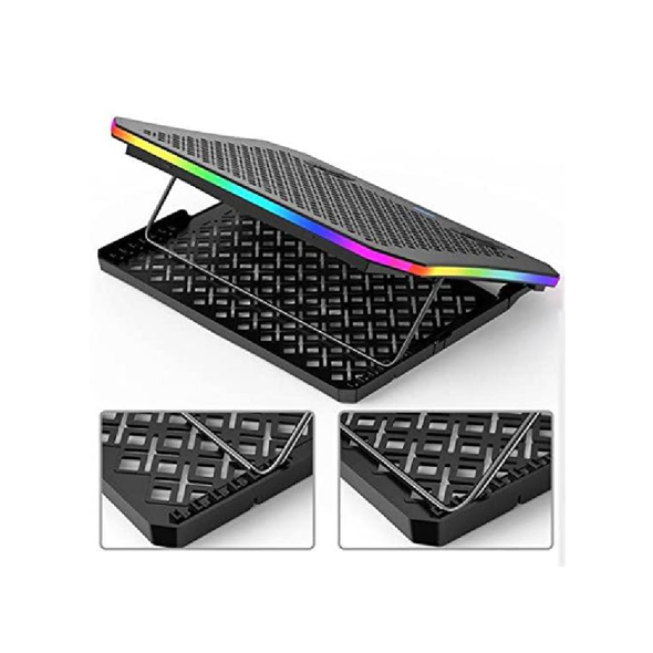 Vayu A8 RGB gaming laptop cooling pad with rainbow RGB border lighting, built-in retractable phone holder, LCD fan speed display, diamond mesh metal surface, and dual fans for laptops 14 to 17 inch